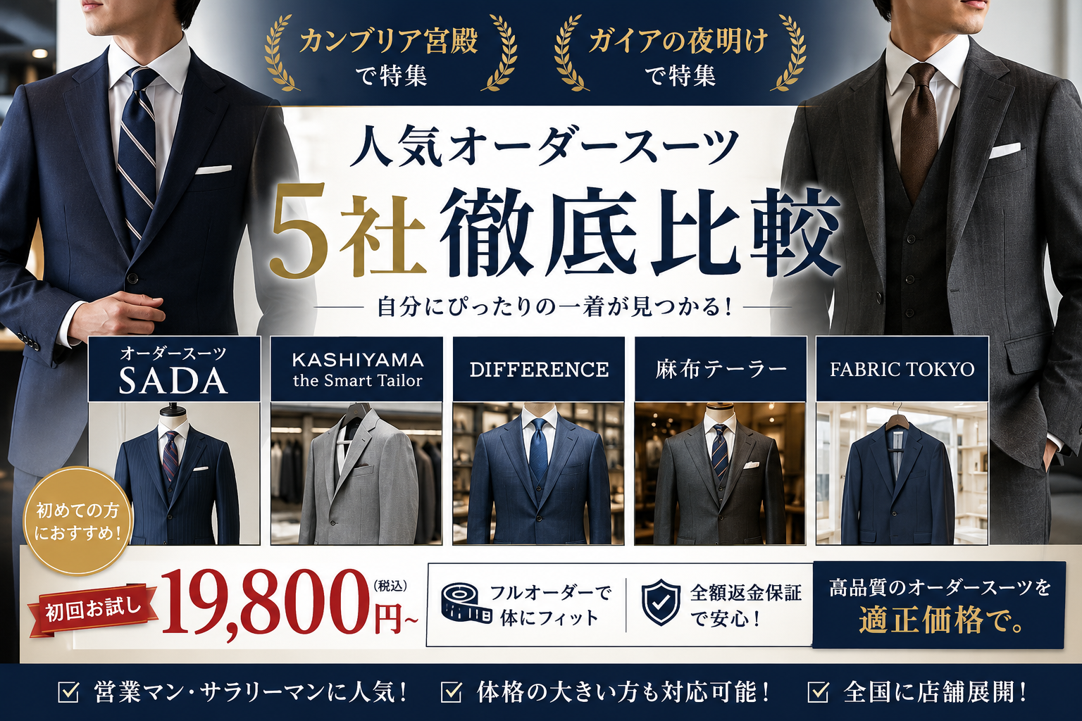 オーダースーツはどこがいい？人気オーダースーツブランド比較ガイド｜初めてでも失敗しない選び方